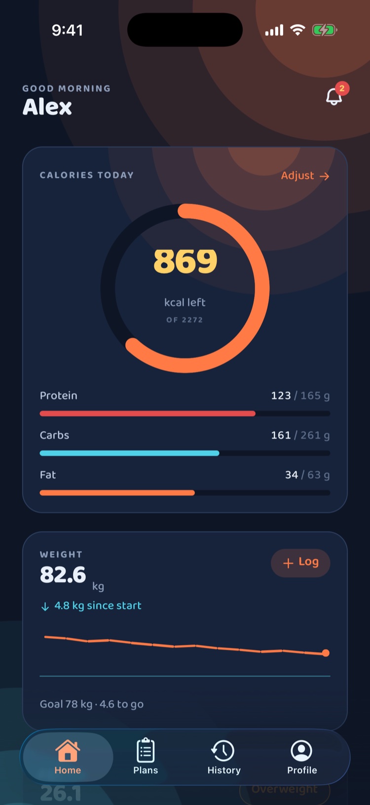 Personal Trainer home dashboard showing calories remaining and macros