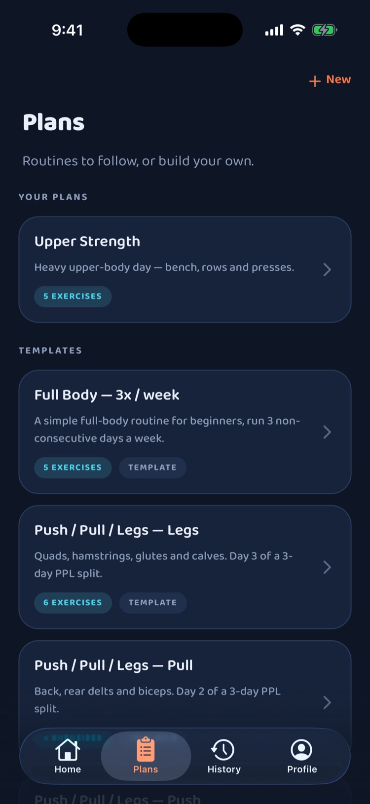 App in the Midnight Track dark theme